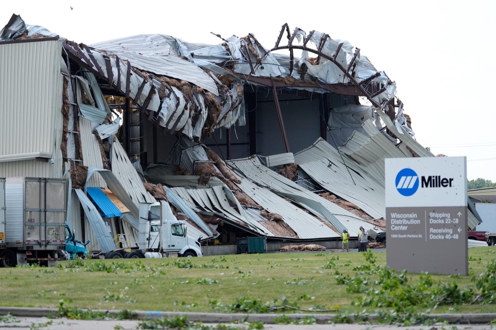 The caved-in roof of Miller Electric at 1000 S. Perkins Street in Appleton, Wisconsin after the July 27, 2026 tornado