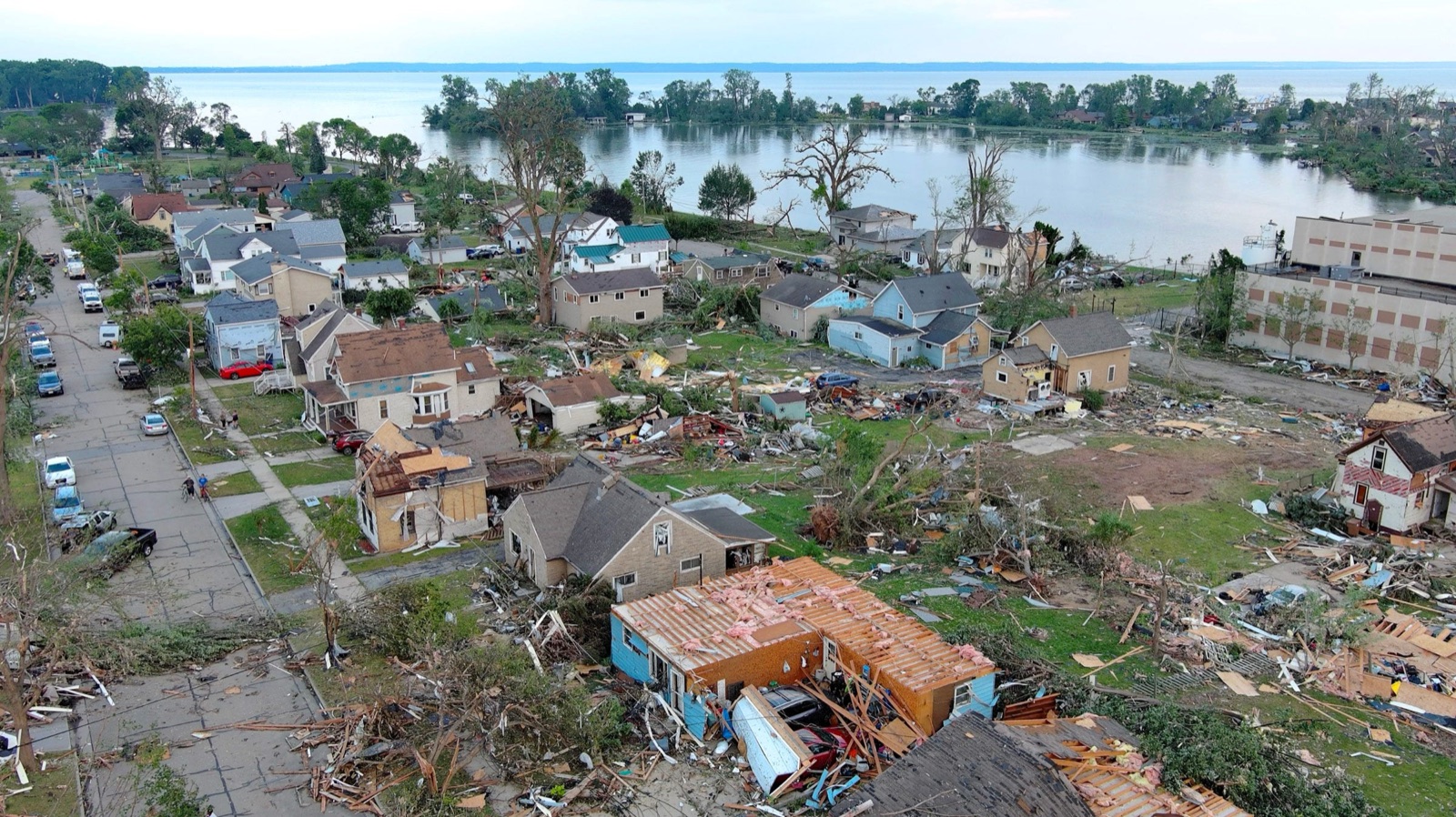 Drone view of tornado damage to homes and businesses near Plank Road in Menasha, Wisconsin on July 27, 2026